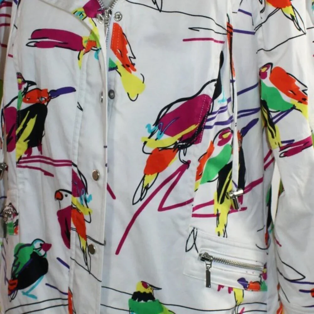 Berek White Multi Abstract Tropical Bird Cotton Jacket Size Large